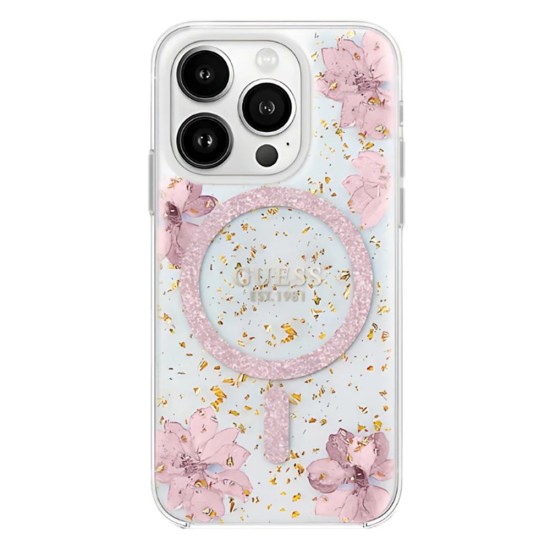 Husa pentru iPhone 16 - Guess Hardcase Resin Flowers and Glitter MagSafe (GUHMP16SRBFGFGMP) - Pink