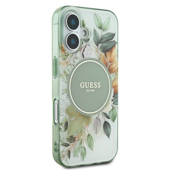 Husa pentru iPhone 16 - Guess IML Flower & Tonal Circle MagSafe (GUHMP16SHFWBDCEN) - Green