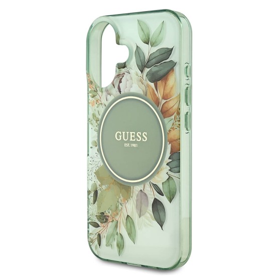 Husa pentru iPhone 16 - Guess IML Flower & Tonal Circle MagSafe (GUHMP16SHFWBDCEN) - Green