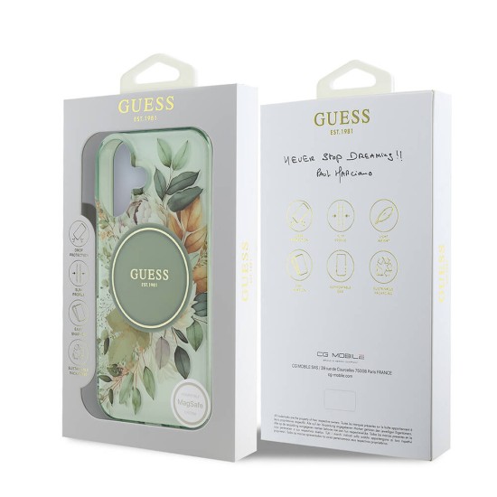 Husa pentru iPhone 16 - Guess IML Flower & Tonal Circle MagSafe (GUHMP16SHFWBDCEN) - Green