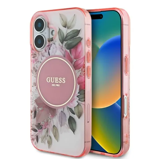 Husa pentru iPhone 16 - Guess IML Flower & Tonal Circle MagSafe (GUHMP16SHFWBDCEP) - Pink Husa pentru iPhone 16 - Guess IML Flower & Tonal Circle MagSafe (GUHMP16SHFWBDCEP) - Pink