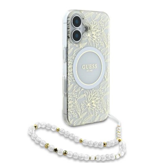 Husa pentru iPhone 16 - Guess IML Flowers Allover Electro With Pearl Strap MagSafe (GUHMP16SHCPOFPH) - White