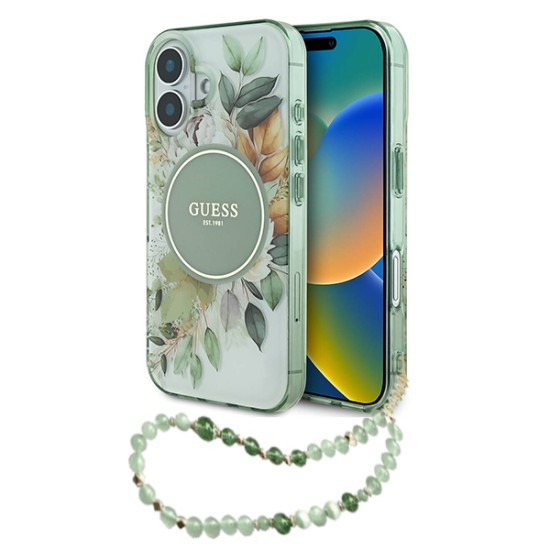 Husa pentru iPhone 16 - Guess IML Flowers with Pearl Strap MagSafe (GUHMP16SHFWBRCESN) - Green