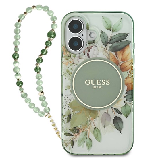 Husa pentru iPhone 16 - Guess IML Flowers with Pearl Strap MagSafe (GUHMP16SHFWBRCESN) - Green