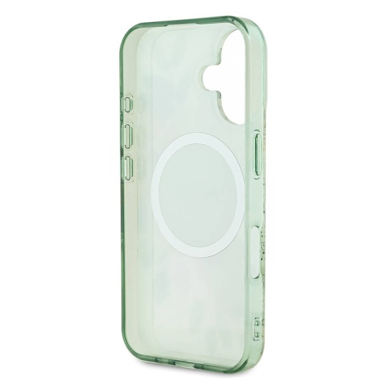 Husa pentru iPhone 16 - Guess IML Flowers with Pearl Strap MagSafe (GUHMP16SHFWBRCESN) - Green