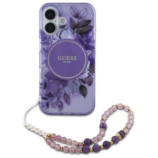 Husa pentru iPhone 16 - Guess IML Flowers with Pearl Strap MagSafe (GUHMP16SHFWBRCESU) - Purple