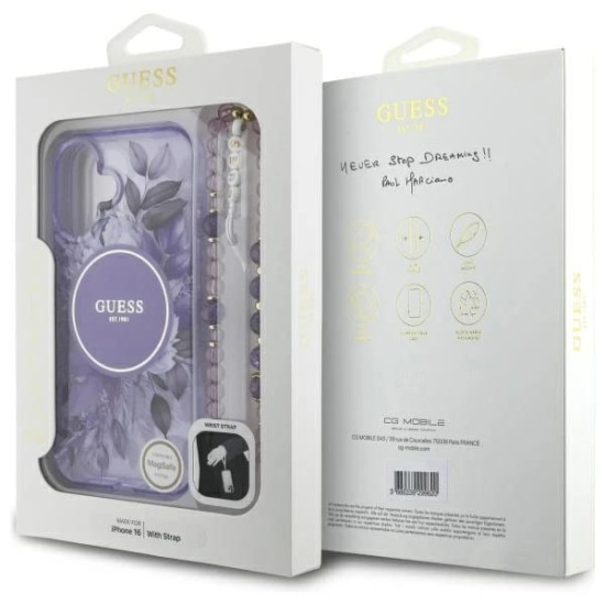 Husa pentru iPhone 16 - Guess IML Flowers with Pearl Strap MagSafe (GUHMP16SHFWBRCESU) - Purple