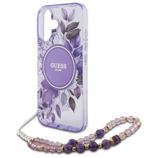 Husa pentru iPhone 16 - Guess IML Flowers with Pearl Strap MagSafe (GUHMP16SHFWBRCESU) - Purple