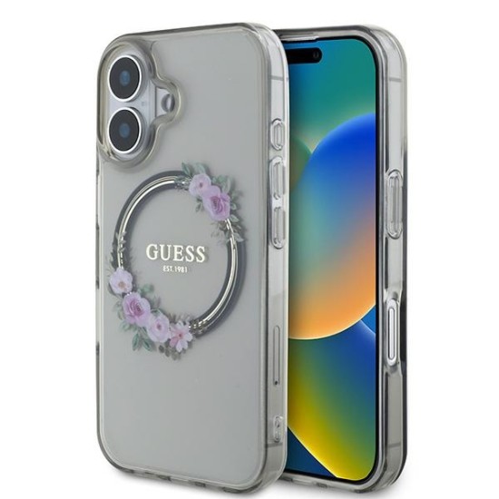 Husa pentru iPhone 16 - Guess IML Flowers Wreath MagSafe (GUHMP16SHFWFCK) - Black