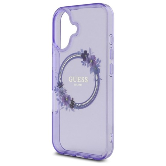 Husa pentru iPhone 16 - Guess IML Flowers Wreath MagSafe (GUHMP16SHFWFCP) - Pink