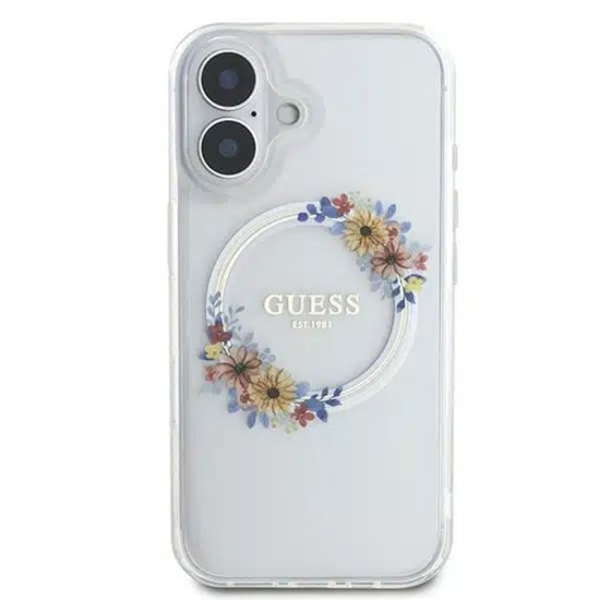 Husa pentru iPhone 16 - Guess IML Flowers Wreath MagSafe (GUHMP16SHFWFCT) - Clear