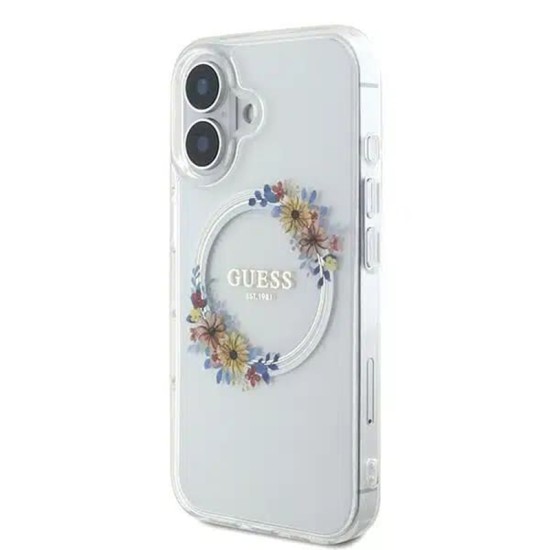 Husa pentru iPhone 16 - Guess IML Flowers Wreath MagSafe (GUHMP16SHFWFCT) - Clear