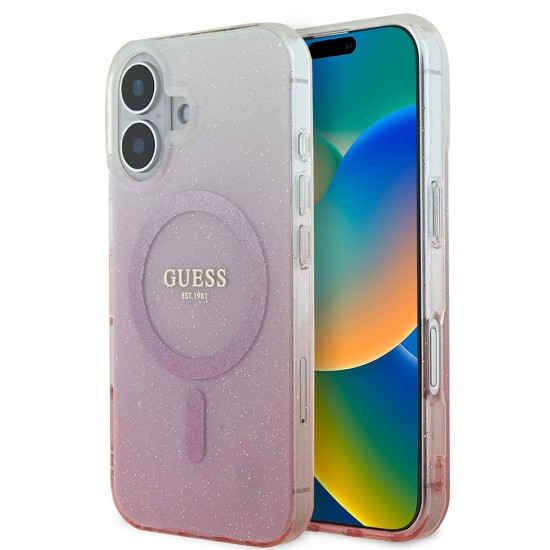 Husa pentru iPhone 16 - Guess IML Glitter Gradient MagSafe (GUHMP16SHGRCELP) - Pink