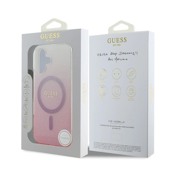 Husa pentru iPhone 16 - Guess IML Glitter Gradient MagSafe (GUHMP16SHGRCELP) - Pink