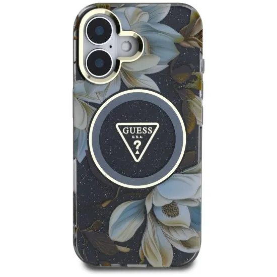 Husa pentru iPhone 16 - Guess IML Metal Glitter Flowers Triangle MagSafe (GUHMP16SHFLPEDK) - Black