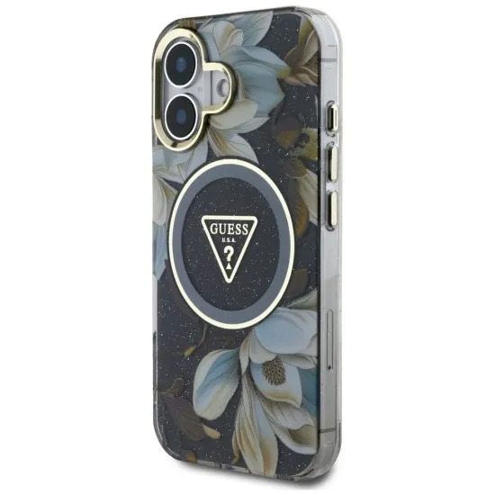 Husa pentru iPhone 16 - Guess IML Metal Glitter Flowers Triangle MagSafe (GUHMP16SHFLPEDK) - Black