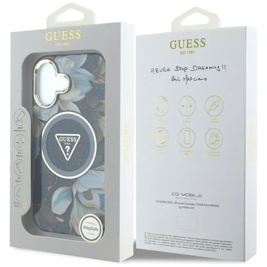 Husa pentru iPhone 16 - Guess IML Metal Glitter Flowers Triangle MagSafe (GUHMP16SHFLPEDK) - Black