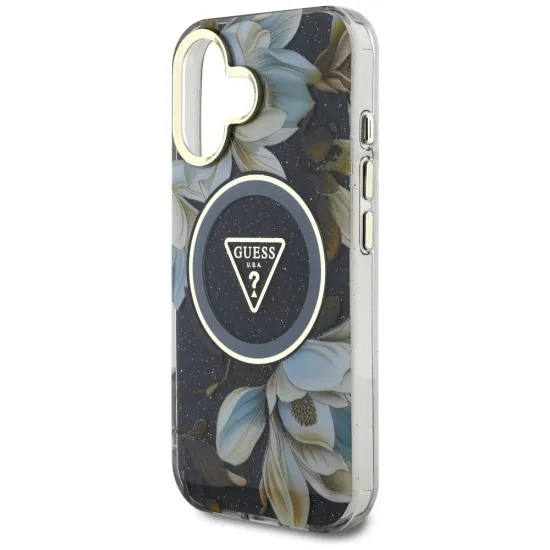 Husa pentru iPhone 16 - Guess IML Metal Glitter Flowers Triangle MagSafe (GUHMP16SHFLPEDK) - Black