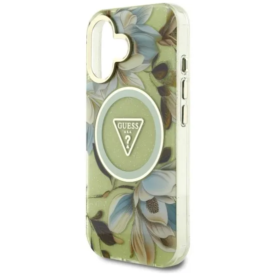 Husa pentru iPhone 16 - Guess IML Metal Glitter Flowers Triangle MagSafe (GUHMP16SHFLPEDN) - Green
