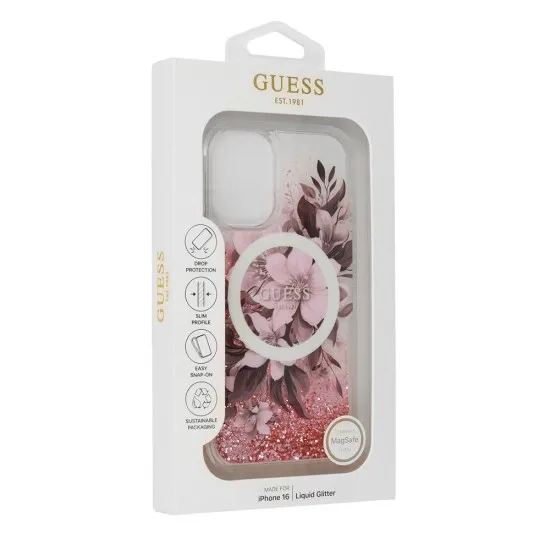 Husa pentru iPhone 16 - Guess Liquid Glitter Flower MagSafe (GUHMP16SLFMWTP) - Pink Husa pentru iPhone 16 - Guess Liquid Glitter Flower MagSafe (GUHMP16SLFMWTP) - Pink