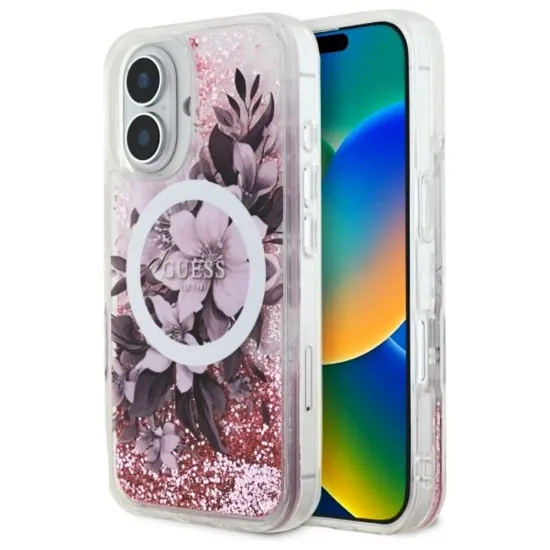 Husa pentru iPhone 16 - Guess Liquid Glitter Flower MagSafe (GUHMP16SLFMWTP) - Pink Husa pentru iPhone 16 - Guess Liquid Glitter Flower MagSafe (GUHMP16SLFMWTP) - Pink