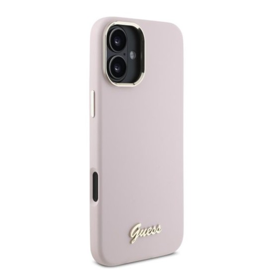 Husa pentru iPhone 16 - Guess Silicone Script Metal Logo & Frame (GUHCP16SSMBSLP) - Pink