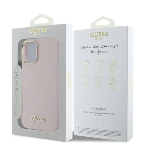 Husa pentru iPhone 16 - Guess Silicone Script Metal Logo & Frame (GUHCP16SSMBSLP) - Pink