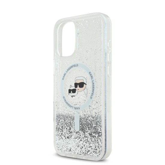 Husa pentru iPhone 16 - Karl Lagerfeld Glitter Liquid MagSafe (KLHMP16SLGKCSGH) - Transparent Karl&Choupette Head