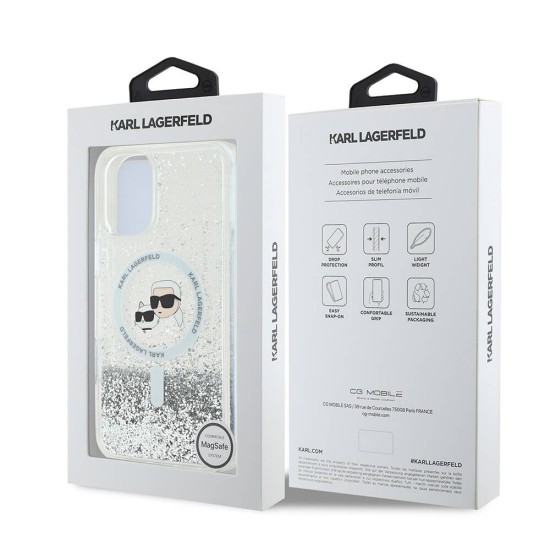 Husa pentru iPhone 16 - Karl Lagerfeld Glitter Liquid MagSafe (KLHMP16SLGKCSGH) - Transparent Karl&Choupette Head