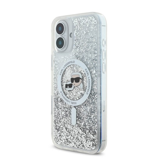 Husa pentru iPhone 16 - Karl Lagerfeld Glitter Liquid MagSafe (KLHMP16SLGKCSGH) - Transparent Karl&Choupette Head