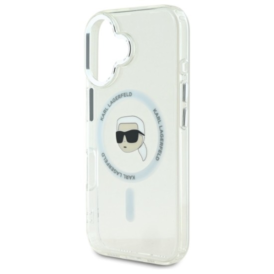 Husa pentru iPhone 16 - Karl Lagerfeld IML MagSafe (KLHMP16SHLSKIH) - White Karl`s Head