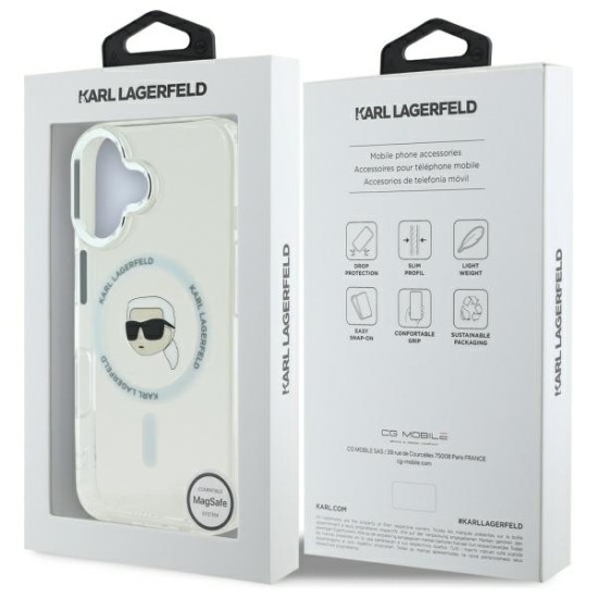 Husa pentru iPhone 16 - Karl Lagerfeld IML MagSafe (KLHMP16SHLSKIH) - White Karl`s Head