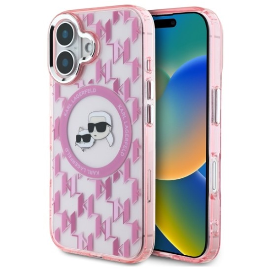 Husa pentru iPhone 16 - Karl Lagerfeld IML MagSafe (KLHMP16SHMCKMHP) - Pink Monogram Karl&Choupette Head