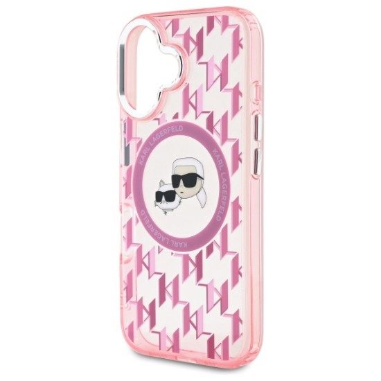 Husa pentru iPhone 16 - Karl Lagerfeld IML MagSafe (KLHMP16SHMCKMHP) - Pink Monogram Karl&Choupette Head