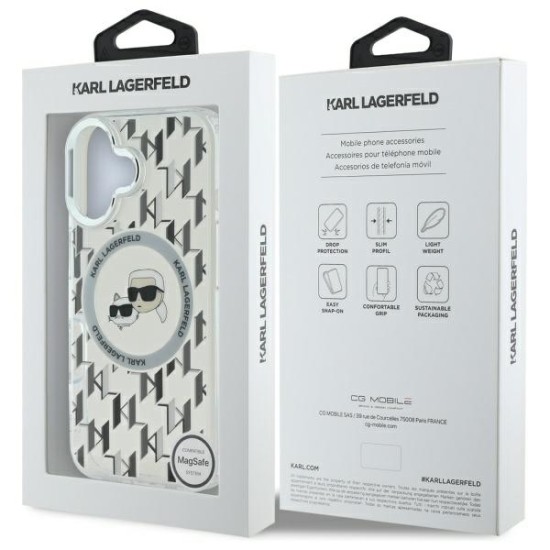 Husa pentru iPhone 16 - Karl Lagerfeld IML MagSafe (KLHMP16SHMCKMHT) - Transparent Monogram Karl&Choupette Head