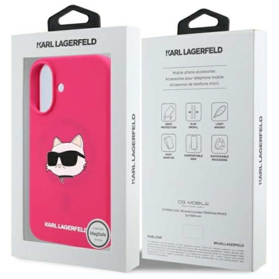 Husa pentru iPhone 16 - Karl Lagerfeld Silicone MagSafe (KLHMP16SSCHPPLF) - Fuchsia Choupette Head