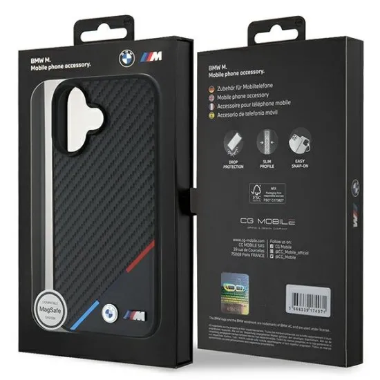 Husa pentru iPhone 16 Plus - BMW Leather Carbon Tricolor Line MagSafe (BMHMP16M23PUDTK) - Black