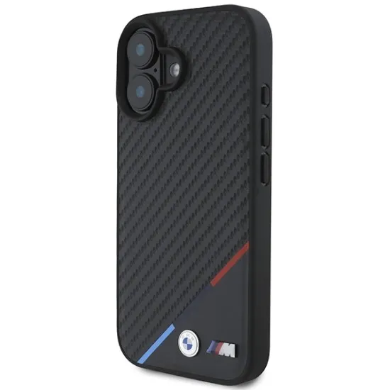 Husa pentru iPhone 16 Plus - BMW Leather Carbon Tricolor Line MagSafe (BMHMP16M23PUDTK) - Black