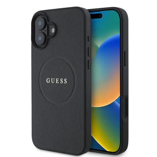 Husa pentru iPhone 16 Plus - Guess Grained Gold Ring MagSafe (GUHMP16MPGHSMMK) - Black Husa pentru iPhone 16 Plus - Guess Grained Gold Ring MagSafe (GUHMP16MPGHSMMK) - Black