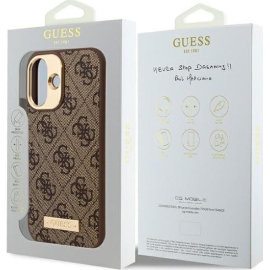 Husa pentru iPhone 16 Plus - Guess Hardcase 4G Logo Plate MagSafe (GUHMP16MU4GPRW) - Brown