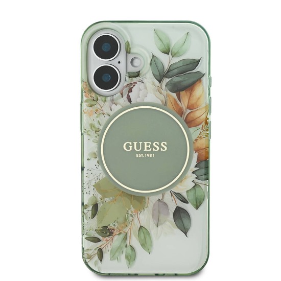 Husa pentru iPhone 16 Plus - Guess IML Flower & Tonal Circle MagSafe (GUHMP16MHFWBDCEN) - Green