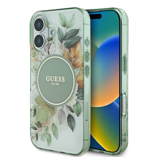 Husa pentru iPhone 16 Plus - Guess IML Flower & Tonal Circle MagSafe (GUHMP16MHFWBDCEN) - Green