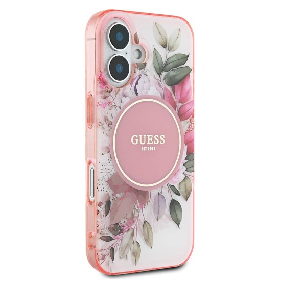 Husa pentru iPhone 16 Plus - Guess IML Flower & Tonal Circle MagSafe (GUHMP16MHFWBDCEP) - Pink