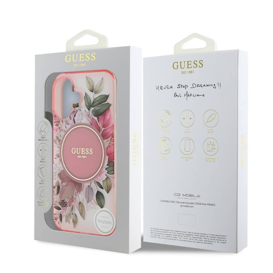 Husa pentru iPhone 16 Plus - Guess IML Flower & Tonal Circle MagSafe (GUHMP16MHFWBDCEP) - Pink