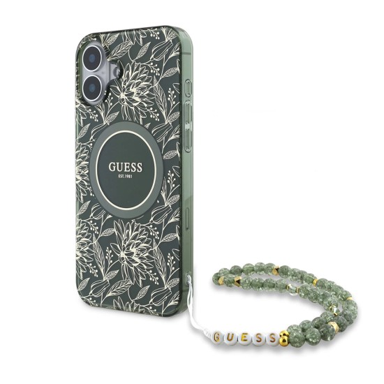 Husa pentru iPhone 16 Plus - Guess IML Flowers Allover Electro With Pearl Strap MagSafe (GUHMP16MHCPOFPA) - Green