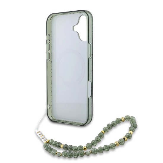 Husa pentru iPhone 16 Plus - Guess IML Flowers Allover Electro With Pearl Strap MagSafe (GUHMP16MHCPOFPA) - Green