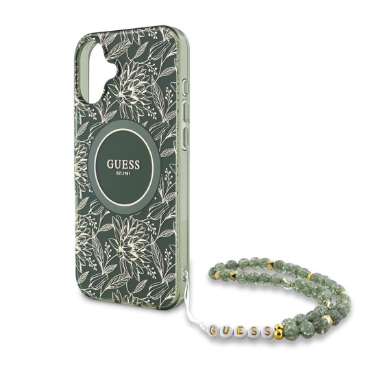 Husa pentru iPhone 16 Plus - Guess IML Flowers Allover Electro With Pearl Strap MagSafe (GUHMP16MHCPOFPA) - Green