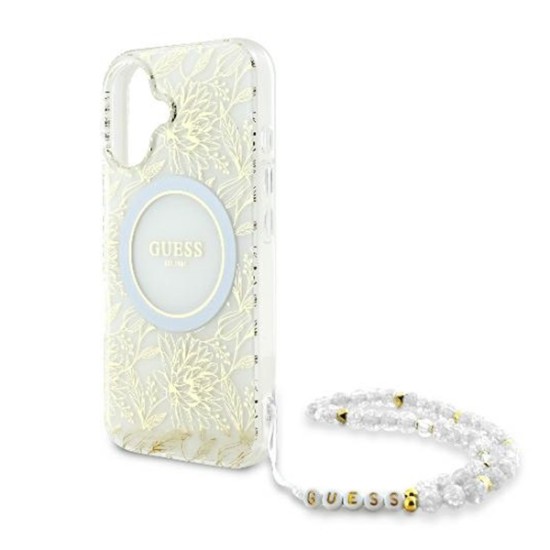 Husa pentru iPhone 16 Plus - Guess IML Flowers Allover Electro With Pearl Strap MagSafe (GUHMP16MHCPOFPH) - White