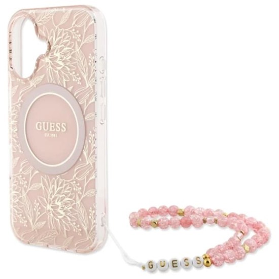 Husa pentru iPhone 16 Plus - Guess IML Flowers Allover Electro With Pearl Strap MagSafe (GUHMP16MHCPOFPP) - Pink