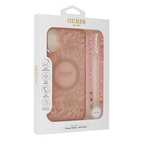 Husa pentru iPhone 16 Plus - Guess IML Flowers Allover Electro With Pearl Strap MagSafe (GUHMP16MHCPOFPP) - Pink